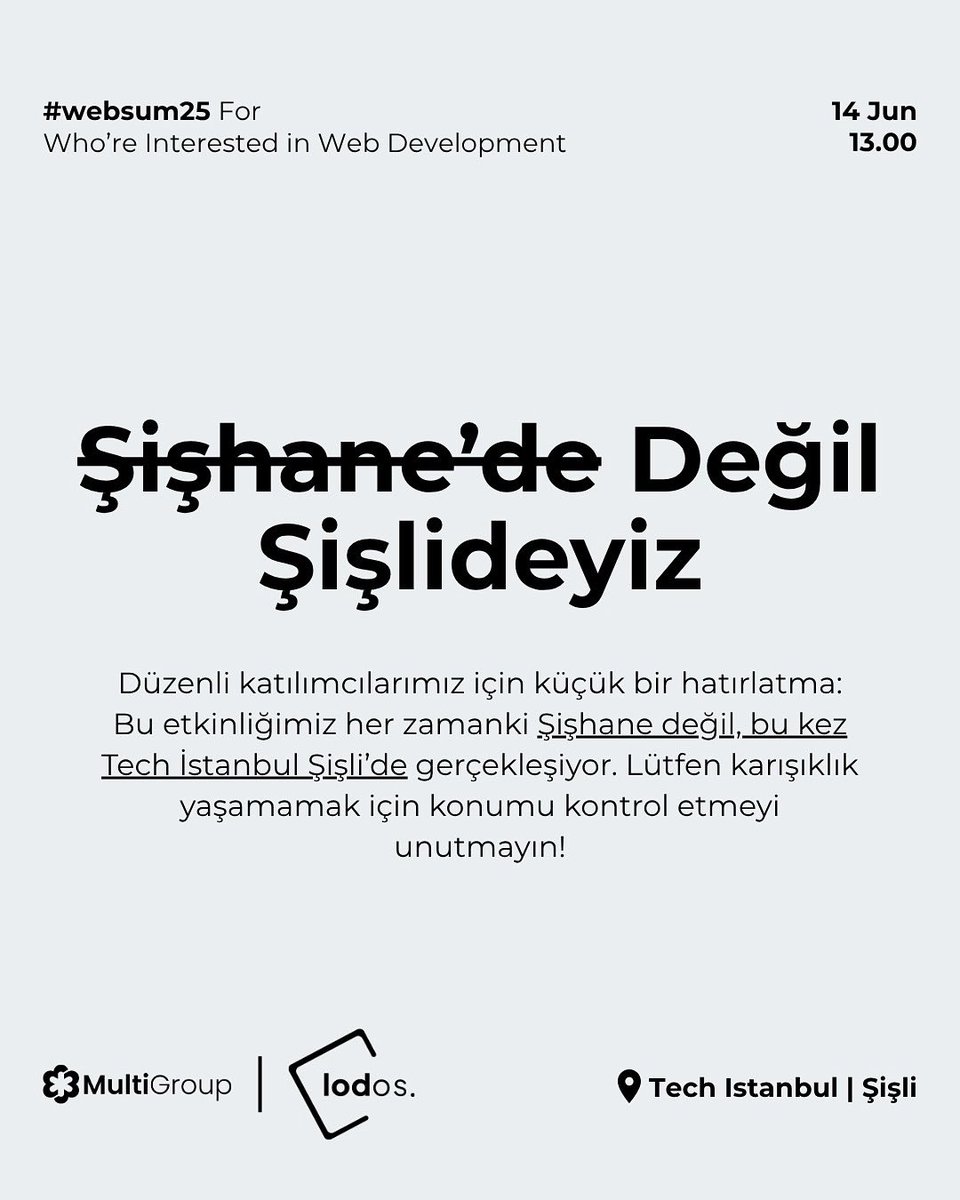 devmultigroup's tweet image. Aman Dikkat! Bu sefer Şişli’deyiz!

Web Developer Summit ‘25, bu yıl Şişhane’de değil Tech İstanbul Şişli’de gerçekleşiyor.

📅 14 Haziran Cumartesi
🕐 13:00
📍 Tech İstanbul | Şişli

#websum25 #techsummit #frontend #backend #şişli