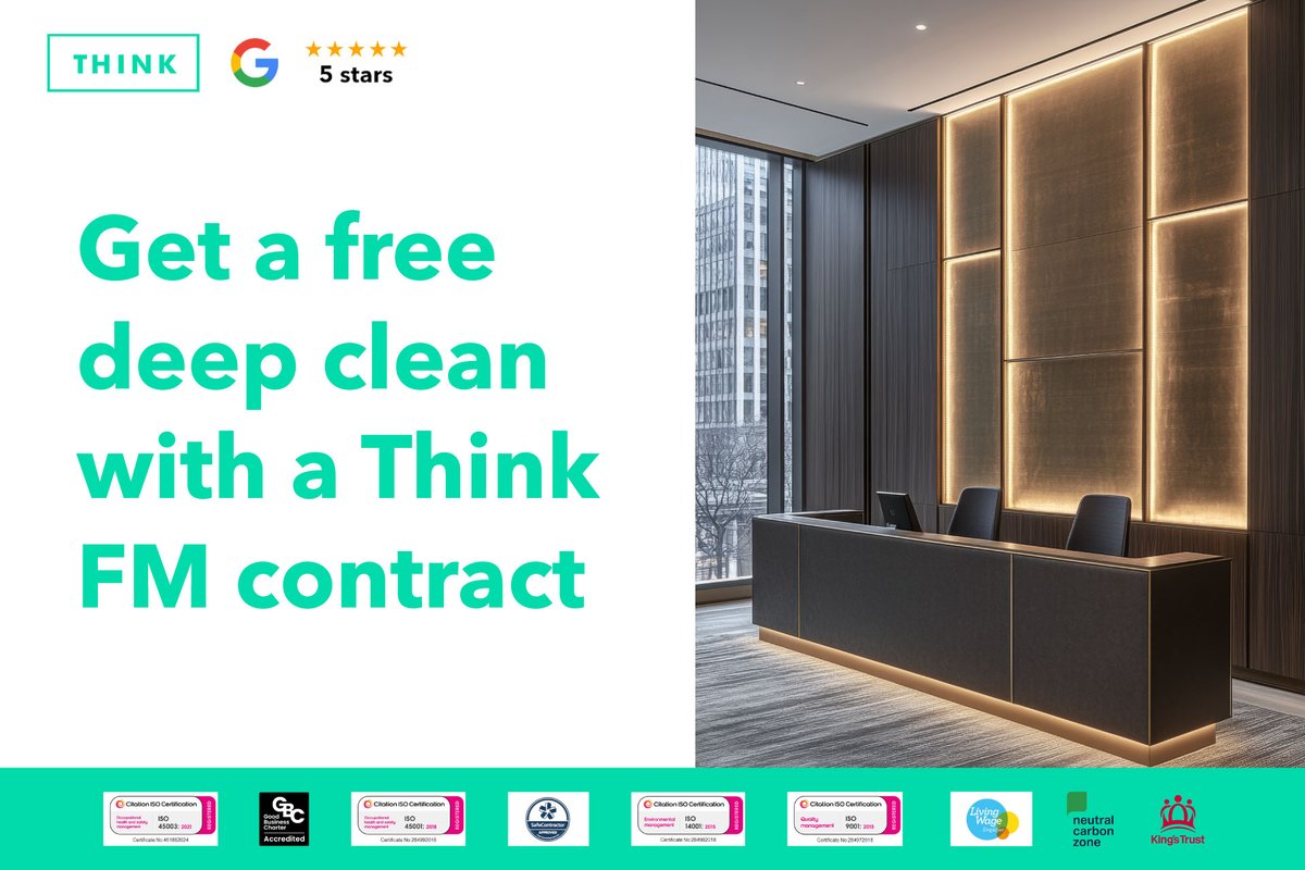 Think FM is redefining commercial cleaning in London with our comprehensive service range.

And we offer FREE deep cleans when you start a contract with us. Great idea, right? 💡

Get in touch: ow.ly/ccNq50W8a9i 

#commercialcleaning #londonoffices #officecleaning