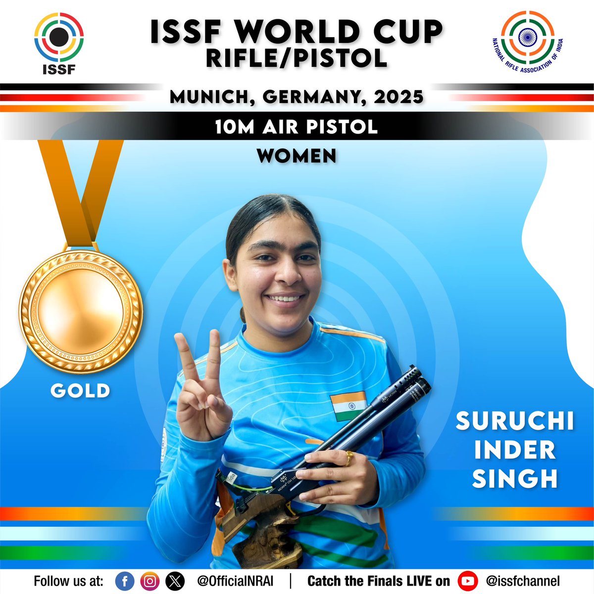 GOLD ‼️ 🔔 🚨 Suruchi Phogat with a golden hattrick in Munich. Shoots 241.9 in the women’s air pistol 🔫 final to give 🇮🇳 their first yellow metal of the competition. Hats off 🫡👏💥🎉 🔥 

#ISSFWorldCup #Munich #Shooting #TeamIndia #AirPistol