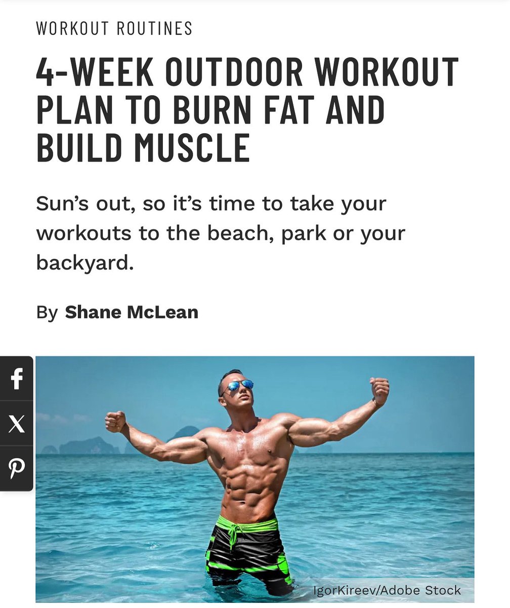 muscle_fitness's tweet photo. 4-WEEK OUTDOOR WORKOUT PLAN TO BURN FAT AND BUILD MUSCLE
Sun’s out, so it’s time to take your workouts to the beach, park or your backyard.
By Shane McLean
@outbackperformances
Read Article
https://t.co/g2usopI5Ea
#bodyweightexercises #bodyweightworkouts #buildmuscle #buildpower #buildstrength #fullbodyworkouts #lowerbodyworkouts #resistancebandexercises #seasonalworkout #summertimeworkout #upperbodyworkouts