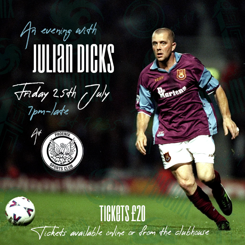 phoenixsportsfc's tweet photo. We're excited to announce that we'll be hosting and evening with @WestHam legend, Julian Dicks, on Friday 25 July. 

There's limited availability but tickets and now available online or from the Clubhouse. 🟢⚫️

#PhoenixSports #WHUFC