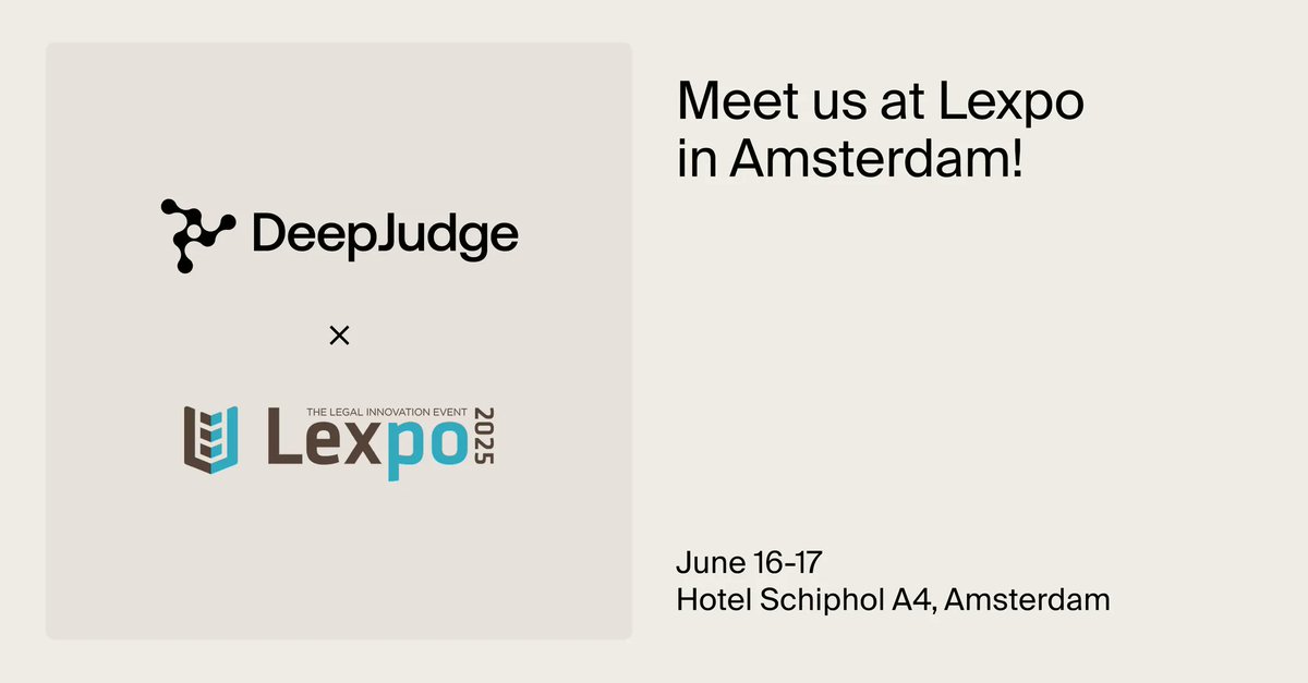 🚀 <a href="/DeepJudgeAI/">DeepJudge</a> is heading to Lexpo Amsterdam, June 16–17!

Lawyers waste hours hunting for answers hidden across systems. With DeepJudge, just ask if your firm’s done it before — and get a precise, instant answer.

Let’s connect at Lexpo → deepjudge.ai/demo