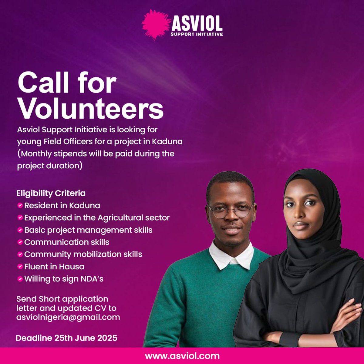 Ready to make a real difference? 

ASVIOL is seeking passionate volunteers to join our team and help us drive impactful change in our community! 

If you're dedicated, reliable, and eager to contribute your skills, we want to hear from you.