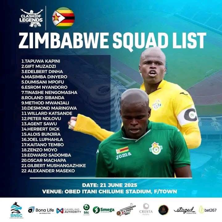 CLASH OF LEGENDS 

ZIMBABWE 🇿🇼 national team LEGENDS,Botswana 🇧🇼 we coming to dish our good football ⚽️