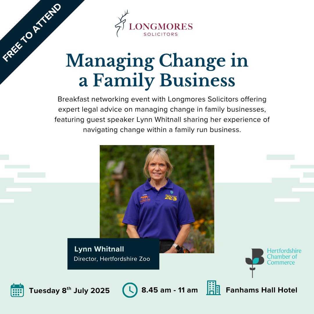 HertsChamber's tweet image. Managing Change in a Family Business
Join us on Tuesday 8 July, 8:45–11am at @Fanhams_Hall Ware for a free breakfast event with @Longmores Solicitors and Lynn Whitnall of @HertsZoo. Gain legal insight and real world advice on navigating change.
hertschamber.rubicrm.com/calendar_detai…