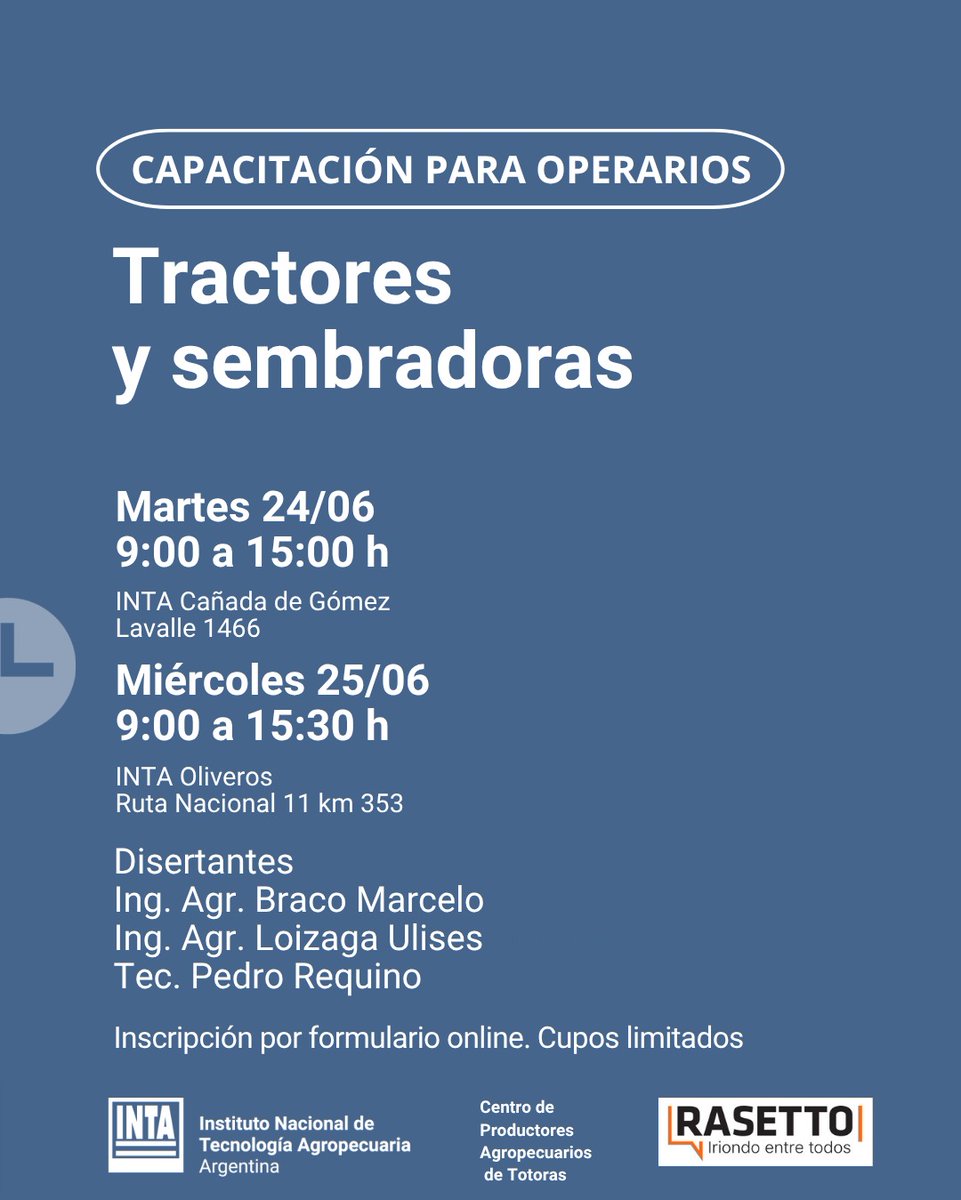INTA Santa Fe (@intasantafe) on Twitter photo 🚜 Capacitación para operarios
TRACTORES Y SEMBRADORAS
👉 Presencial
Martes 24 de junio 2025 – 9 h (INTA Cañada de Gómez)
Miércoles 25 de junio de 2025 – 9 h (INTA Oliveros)
‼Cupos limitados
👉 Link de inscripción:
hugojesusrasetto.com.ar/tractoresysemb…
Mas info: cardozo.francisco@inta.gob.ar 🚜 Capacitación para operarios
TRACTORES Y SEMBRADORAS
👉 Presencial
Martes 24 de junio 2025 – 9 h (INTA Cañada de Gómez)
Miércoles 25 de junio de 2025 – 9 h (INTA Oliveros)
‼Cupos limitados
👉 Link de inscripción:
hugojesusrasetto.com.ar/tractoresysemb…
Mas info: cardozo.francisco@inta.gob.ar