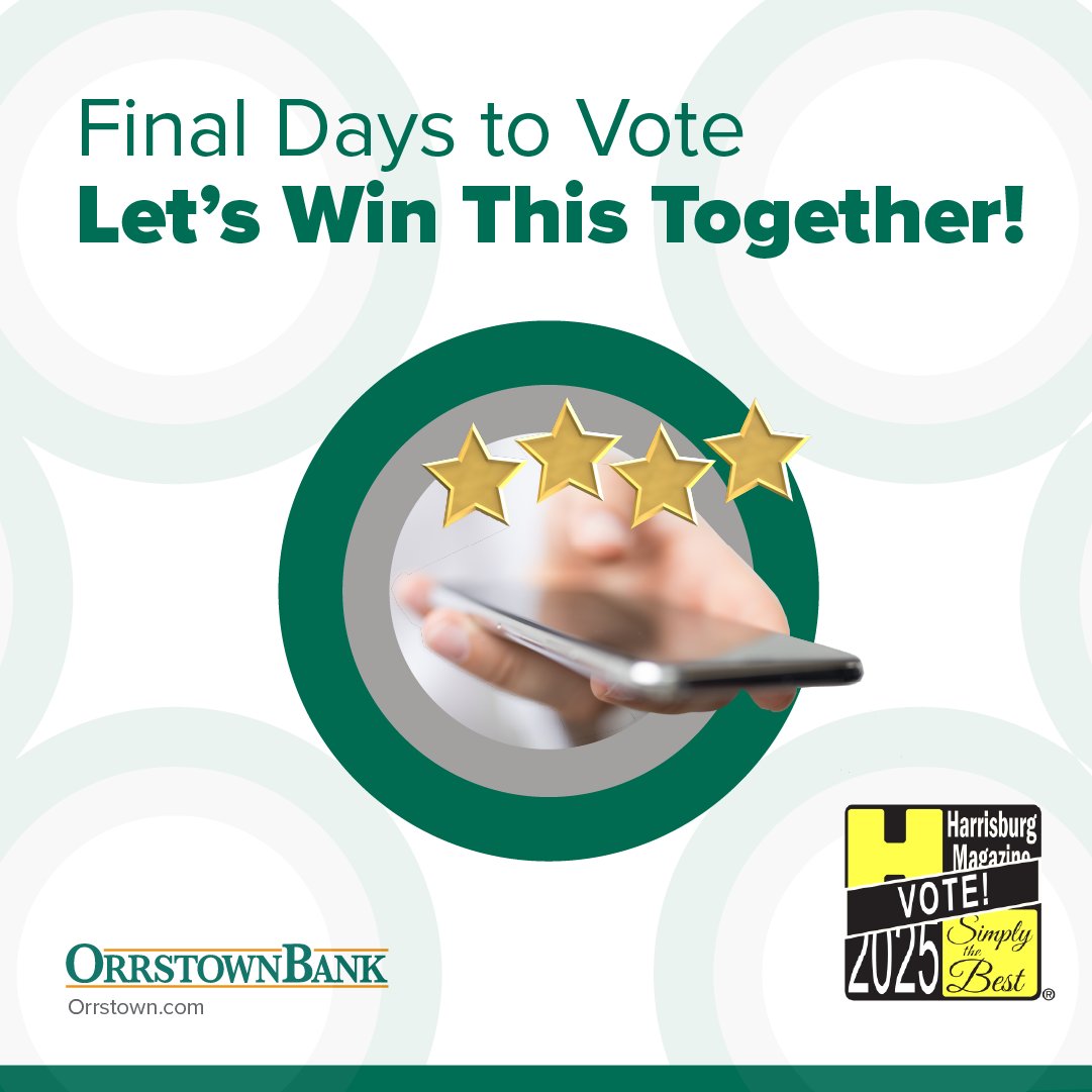 ⏳ Final Days to Vote—Let’s Win This Together! ⏳ 
The voting for Harrisburg Magazine’s Simply the Best Award for Best Bank closes on June 15! 

Cast your vote now before time runs out: harrisburgmagazine.com/2025-simply-th… 

 #SimplyTheBest #OrrstownBank #VoteBeforeJune15