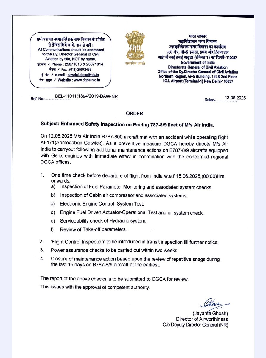 Breaking <a href="/DGCAIndia/">DGCA</a> directs <a href="/airindia/">Air India</a> to carryout additional maintenance actions on 8787-8/9 aircrafts equipped with Genx engines with immediate effect in coordination with the concerned regional DGCA offices.