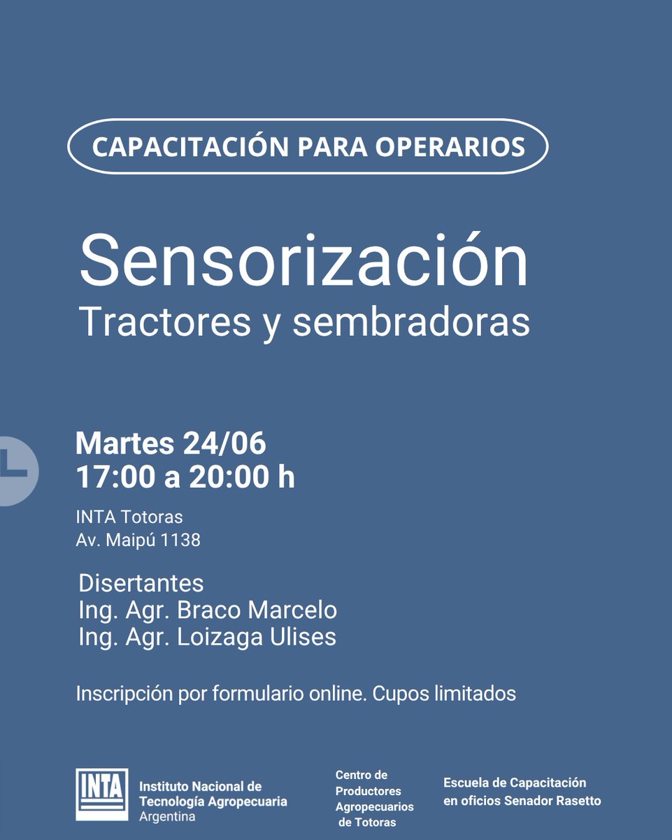 INTA Santa Fe (@intasantafe) on Twitter photo ✅ Capacitación para operarios
SENSORIZACIÓN
Martes 24 de junio 2025 – 17 h (INTA Totoras)
‼ Cupos limitados
👉 Link de inscripción
hugojesusrasetto.com.ar/sensorizacion/
✍ Más información:
cardozo.francisco@inta.gob.ar ✅ Capacitación para operarios
SENSORIZACIÓN
Martes 24 de junio 2025 – 17 h (INTA Totoras)
‼ Cupos limitados
👉 Link de inscripción
hugojesusrasetto.com.ar/sensorizacion/
✍ Más información:
cardozo.francisco@inta.gob.ar