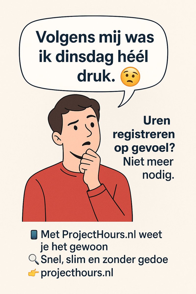"Volgens mij was ik dinsdag heel druk." 😅
Uren registreren op gevoel? Niet meer nodig.
📲 Met ProjectHours.nl weet je het gewoon.
🔍 Snel, slim en zonder gedoe.
👉 projecthours.nl

#urenregistratie #zzp #mkb #timemanagement #projecthours