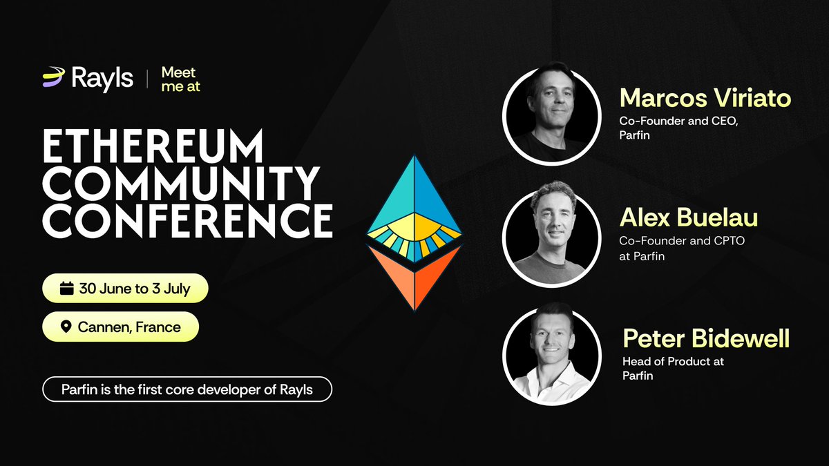 Rayls (@raylslabs) on Twitter photo Rayls at EthCC 2025 🟣🟡
We’re thrilled to announce that Rayls will be at <a href="/EthCC/">EthCC - Ethereum Community Conference</a> in Cannes from 30 June - 3 July 🇫🇷
Catch <a href="/x10xalex/">Alex Buelau</a>, <a href="/mcvviriato/">Marcos Viriato</a>, and <a href="/petebidewell/">Peter Bidewell</a> in the Europe’s largest Ethereum-focused event, where they'll be showcasing our solution, which bridges TradFi and Rayls at EthCC 2025 🟣🟡
We’re thrilled to announce that Rayls will be at <a href="/EthCC/">EthCC - Ethereum Community Conference</a> in Cannes from 30 June - 3 July 🇫🇷
Catch <a href="/x10xalex/">Alex Buelau</a>, <a href="/mcvviriato/">Marcos Viriato</a>, and <a href="/petebidewell/">Peter Bidewell</a> in the Europe’s largest Ethereum-focused event, where they'll be showcasing our solution, which bridges TradFi and