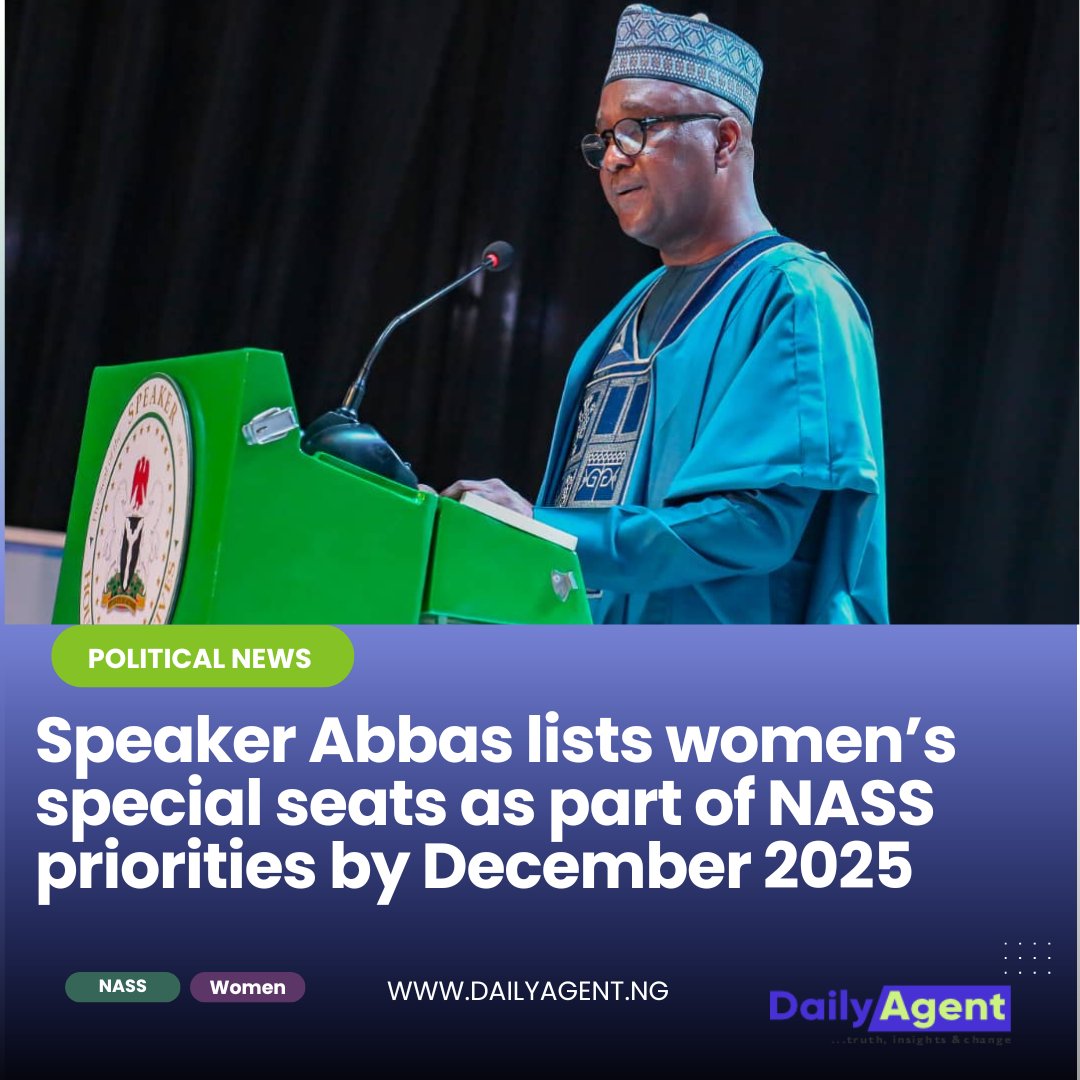 dailyagentng's tweet image. Speaker Abbas lists women’s special seat as part of NASS priorities by December 2025

Read more dailyagent.ng/2025/06/13/spe…