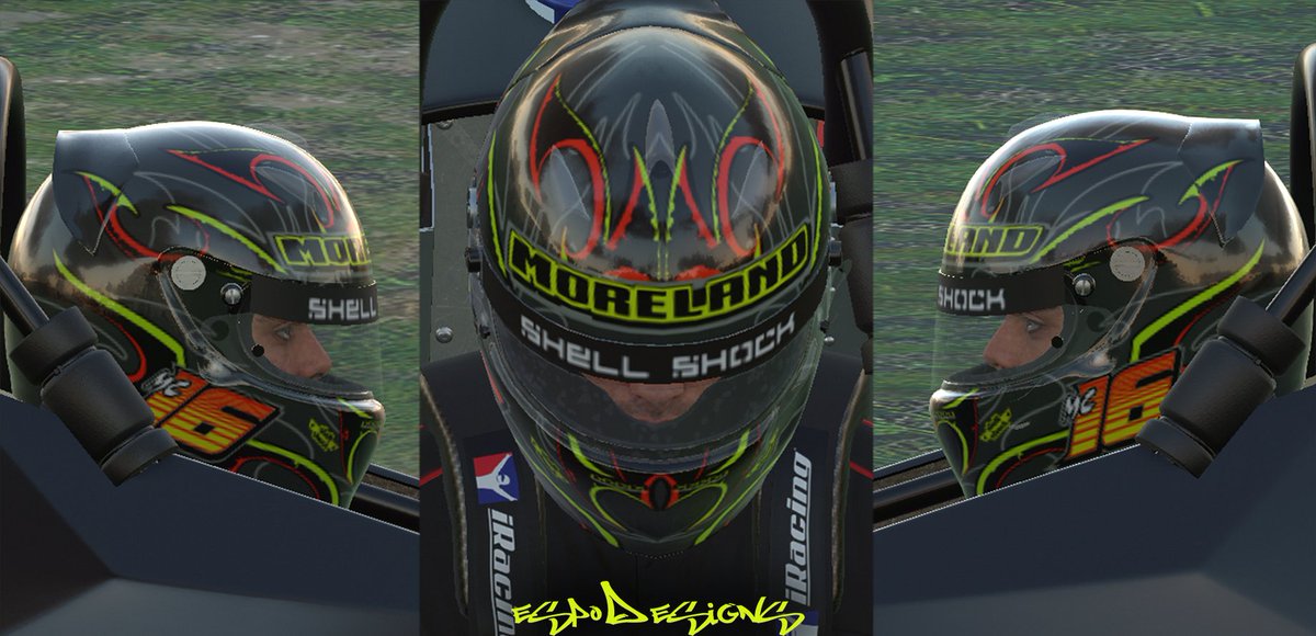 One of Moreland's many RLH for <a href="/iRacing/">iRacing</a> Designed by <a href="/ShellShockCo/">Shell Shock Designs</a> Love the unique vibe of the flames! Looks super cool in-sim!

#iRacing #graphicdesign #simracing #eSports #Motorsport #helmet