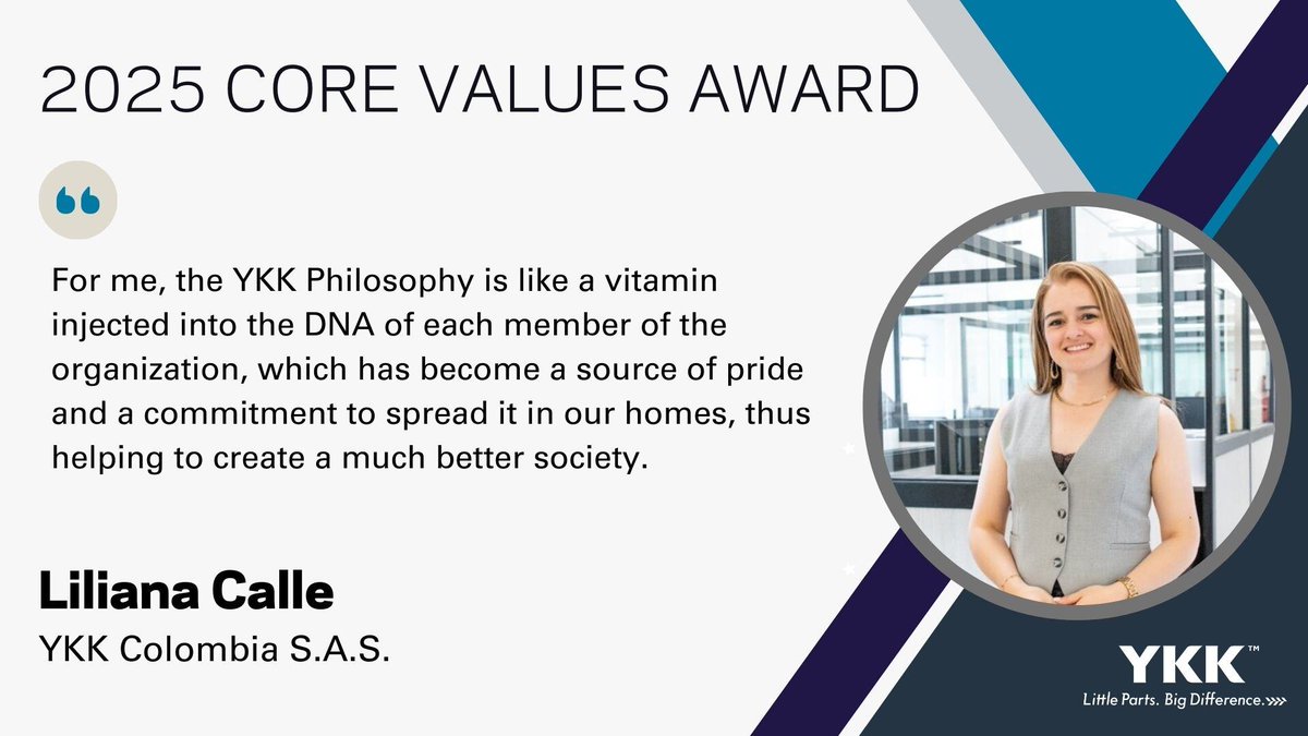 🏆 Every year, we honor employees like Liliana Calle of YKK Colombia S.A.S., recipient of the 2025 Core Values Award, for embodying YKK's core values and philosophy. When asked, "What does the YKK Philosophy mean to you?" Here's her inspiring response:
#YKK