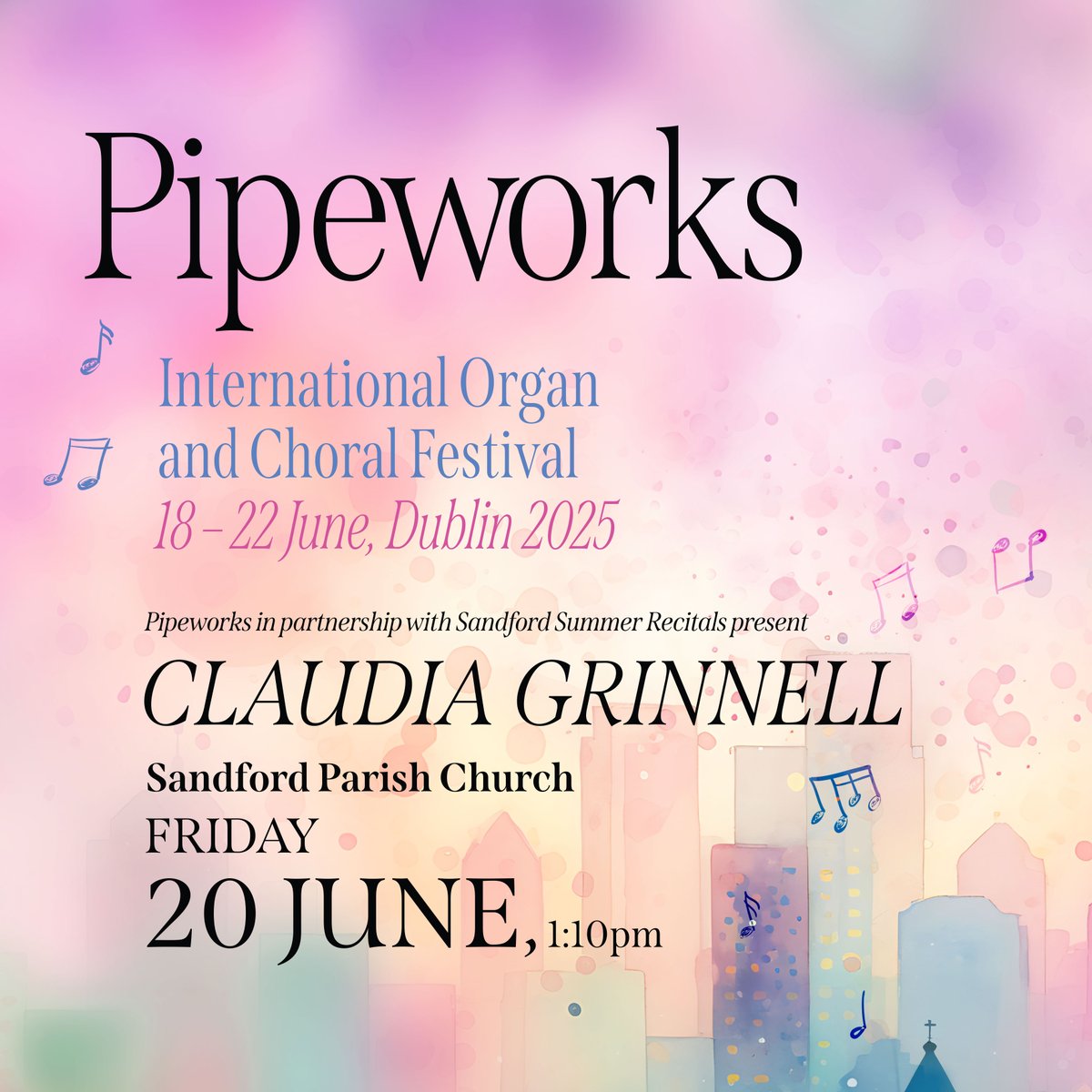 Pipeworks (@pipeworksire) on Twitter photo We are delighted to welcome CLAUDIA GRINNELL in partnership with Sandford Summer Recitals <a href="/st_philips/">SandfordandStPhilips</a>! Don't miss Claudia's lunctime recital a week today on Friday June 20th ♫♪ 𝄞⨾ ♬
Time: 1:10pm
Sandford Parish Church, Sandford Rd, Ranelagh, Dublin
Donations Welcome We are delighted to welcome CLAUDIA GRINNELL in partnership with Sandford Summer Recitals <a href="/st_philips/">SandfordandStPhilips</a>! Don't miss Claudia's lunctime recital a week today on Friday June 20th ♫♪ 𝄞⨾ ♬
Time: 1:10pm
Sandford Parish Church, Sandford Rd, Ranelagh, Dublin
Donations Welcome