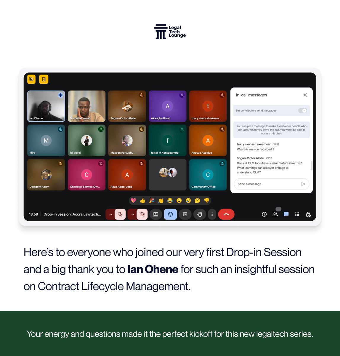 Here’s to everyone who joined our first Drop-in Session and a huge thank you to <a href="/ianohene/">musa</a> for the insightsul session on Contract Lifecycle Management!🎊

Building something in legaltech or want to share your knowledge? Sign up with link: forms.gle/sx1DfebFyMBBTN…