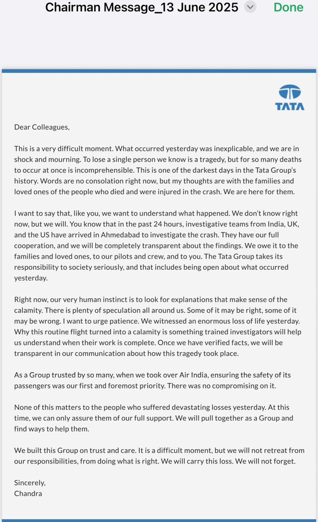 Tata Group Chairman N. Chandrasekaran, in a letter to employees, described the incident as one of the darkest days in the history of the Tata Group. #planecrashahmedabad #AirIndia #tatagroup #AirIndiaFlightCrash