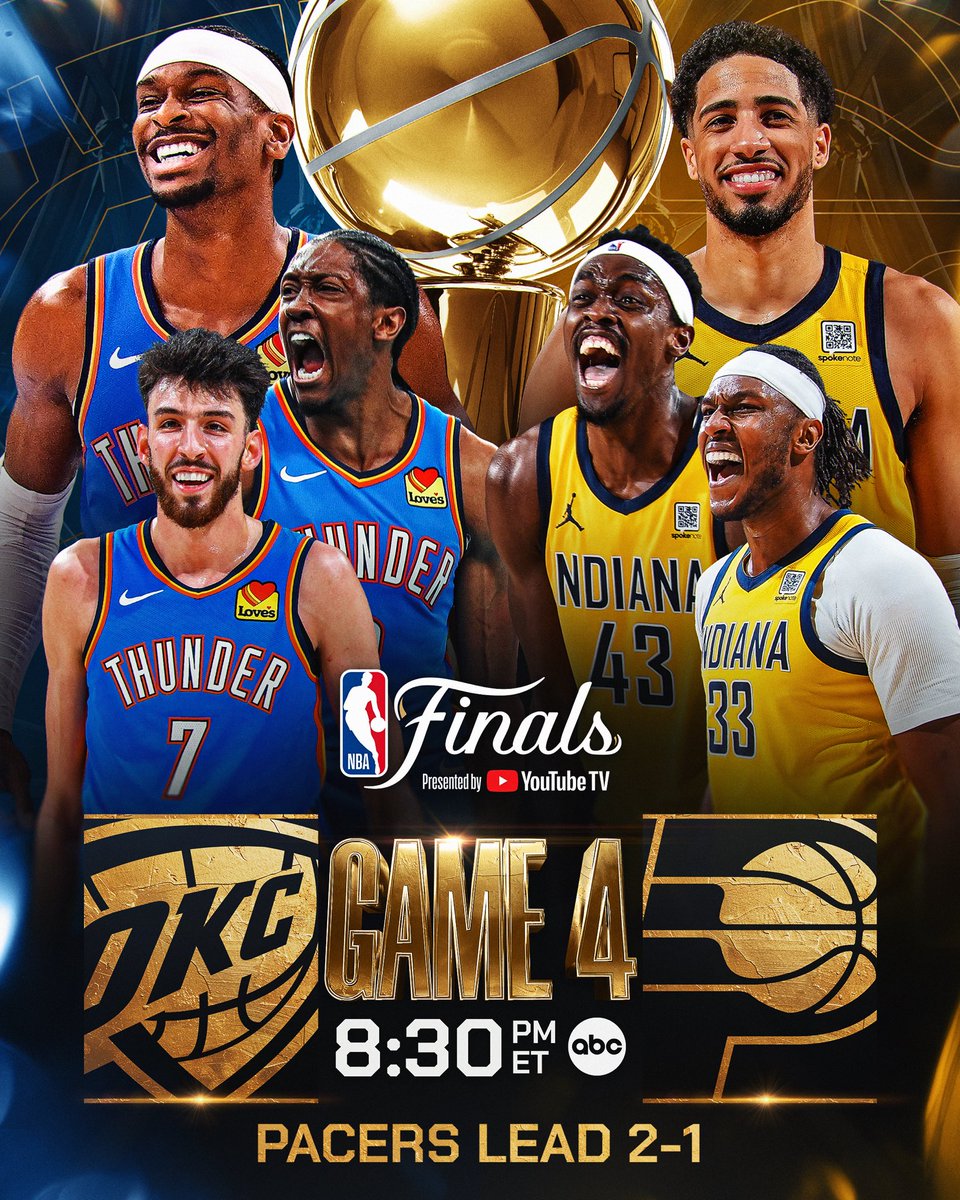GAME 4 TONIGHT! 🏆

Tyrese Haliburton (22 PTS, 9 REB, 11 AST) and Bennedict Mathurin (27 PTS off the bench) led the way in Game 3 as the Pacers took a 2-1 lead.

Will IND go up 3-1, or can OKC even the series?

Game 4 of the #NBAFinals presented by <a href="/YouTubeTV/">YouTube TV</a> gets underway at
