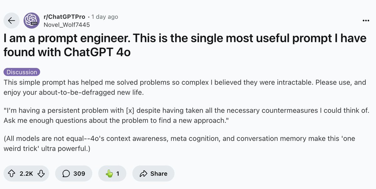 iannuttall's tweet image. Very simple ChatGPT prompt to solve hard problems.

Just ask it to quiz you about the problem to find a solve.

Can be used to solve business and code problems.

Biz and growth:

&quot;I&apos;ve hit a growth plateau at [specific metric] despite implementing [strategies I&apos;ve tried]. Please…