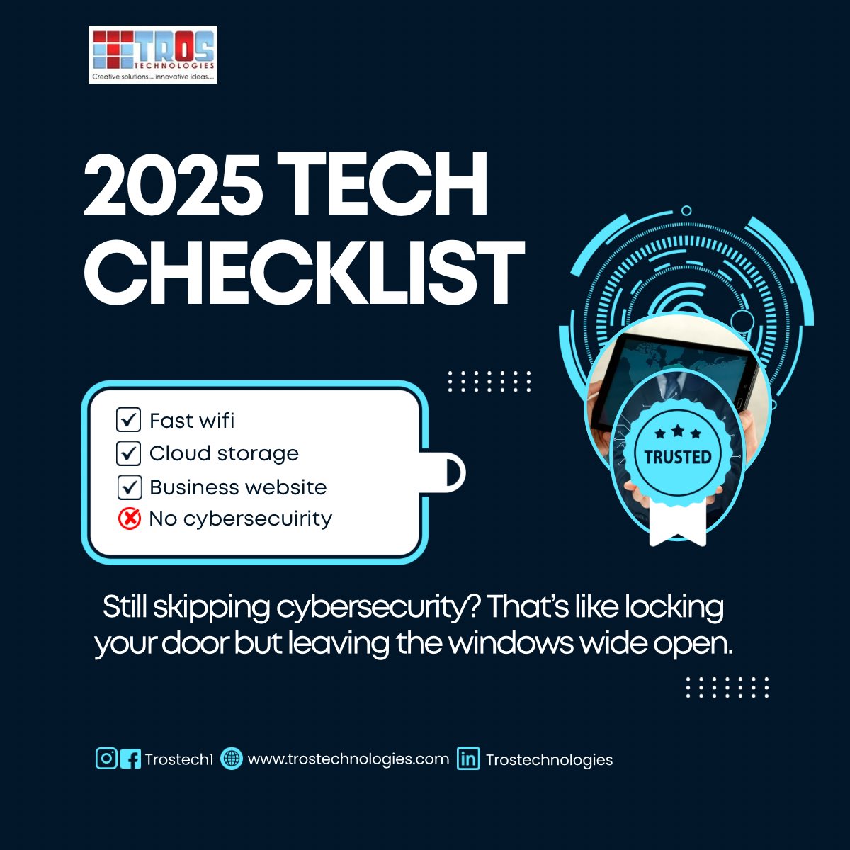 Tros_Tech's tweet photo. One tech mistake many businesses still make in 2025? Ignoring cybersecurity.
If your business is online, it’s vulnerable — but it doesn’t have to be.
Let Tros Technologies help you plug the gaps before hackers find them.
🌐 https://t.co/2g8vPvhkrS https://t.co/UgGiWmPq12