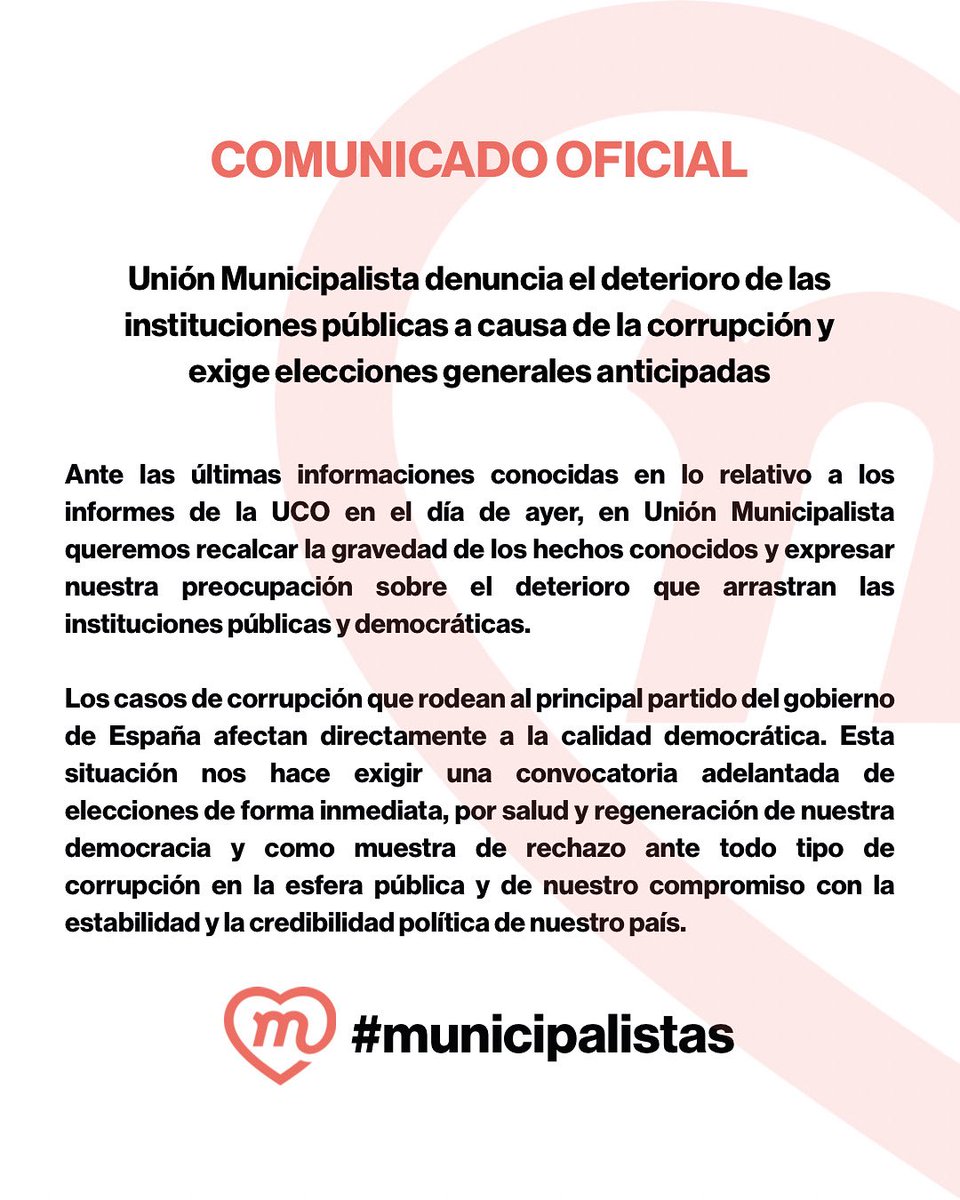 📝 Comunicado oficial | Unión Municipalista denuncia el deterioro de las instituciones públicas a causa de la corrupción y exige elecciones generales anticipadas.
