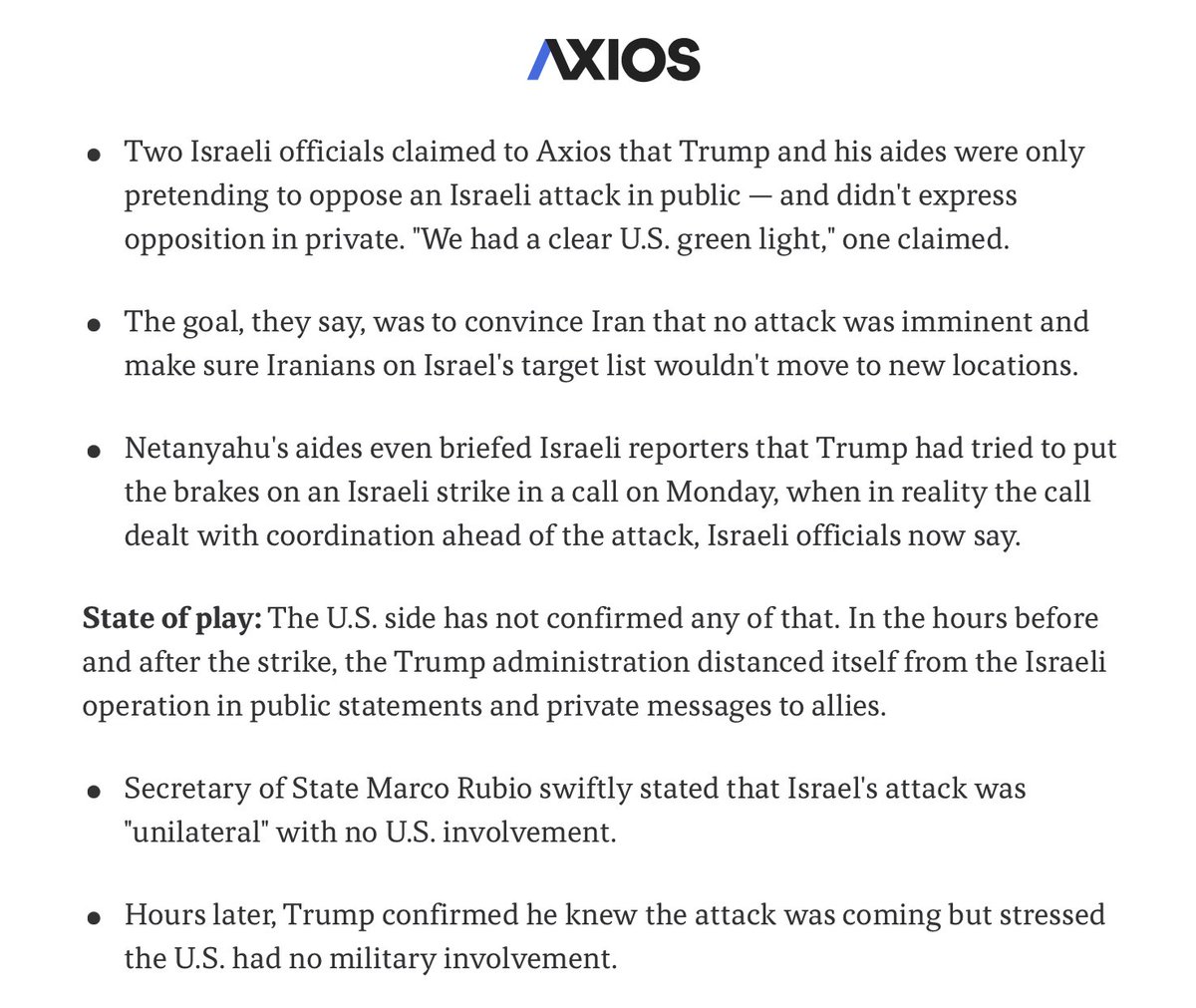 KassyAkiva's tweet image. Axios is reporting that Trump was publicly pretending to oppose an Israeli attack on Iran.
