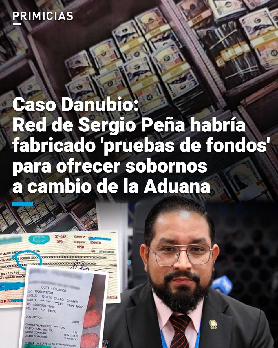 Según Fiscalía, la red que comandaba Sergio Peña en el caso Danubio montó cheques falsos por USD 30 millones y recibos de cajeros con saldos de USD 18 millones para convencer a supuestos operadores políticos de tener recursos para comprar cargos en Aduana prim.ec/yX6B50W8Og8