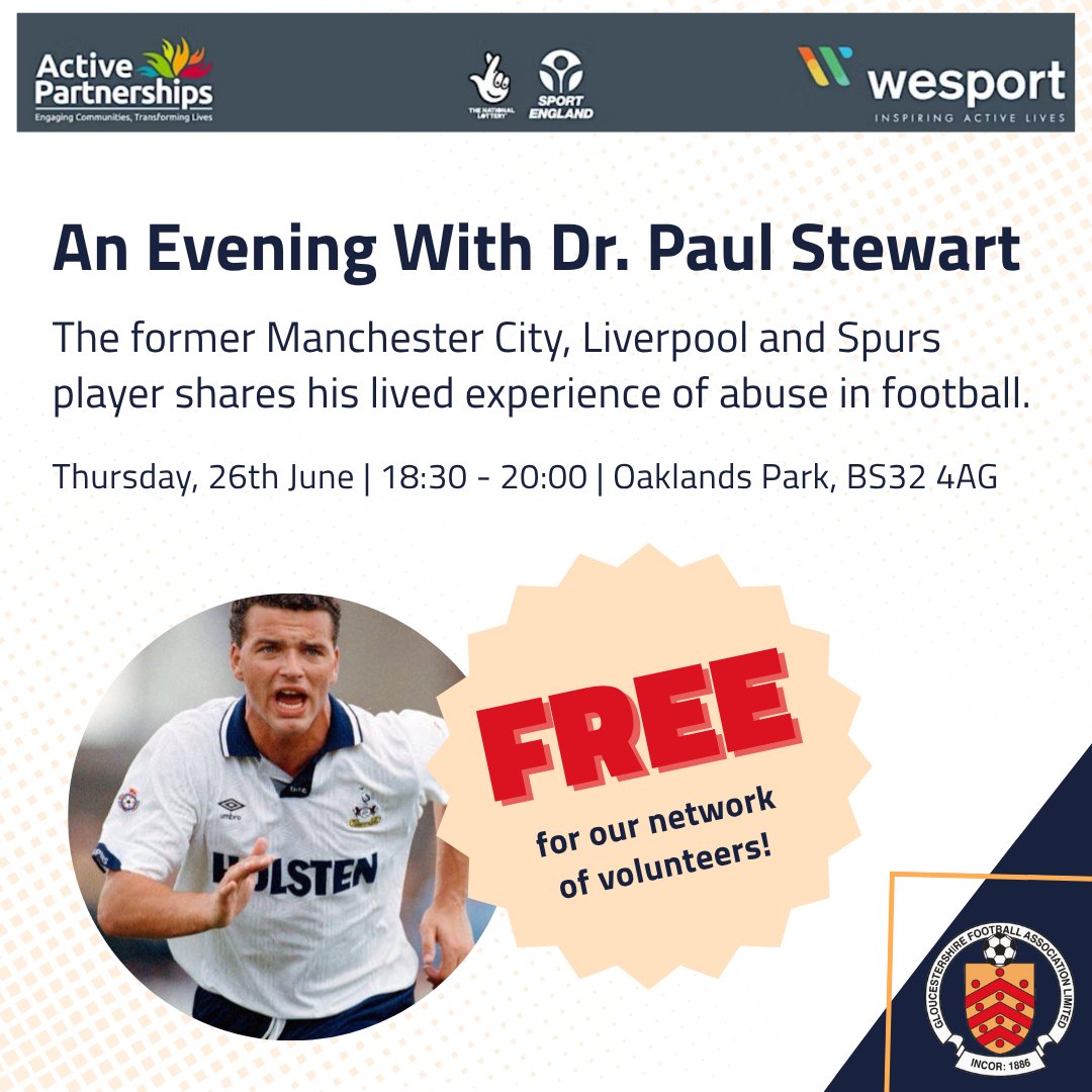 Our neighbours <a href="/GlosFA/">Gloucestershire FA ⚽</a> are holding a fantastic event around abuse in football.

They will be pleased to welcome former England international <a href="/PStewy103/">Dr. Paul Stewart</a> to Oaklands Park in a session being put on by <a href="/wesportap/">WesportAP</a>

Use the link below to book your place 👇 eventbrite.co.uk/e/an-evening-w…