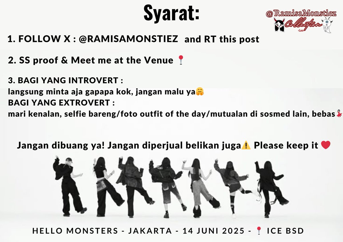 RamisaMonstiez's tweet image. 🎀OT7 Freebies by Ramisamonstiez🎀 
ʜᴇʟʟᴏ ᴍᴏɴꜱᴛᴇʀꜱ ɪɴ ᴊᴀᴋᴀʀᴛᴀ 

📍ICE BSD - (Outside &amp;amp; Inside Venue)
🗓 Afternoon (TBA!)

-Follow @RamisaMonstiez
&amp;amp; Retweet (RT) post ini
-meet me at Venue👋🏻
-for monstiez - complete OT7

#freebies
#BABYMONSTER
#hellomonsterinjakarta
