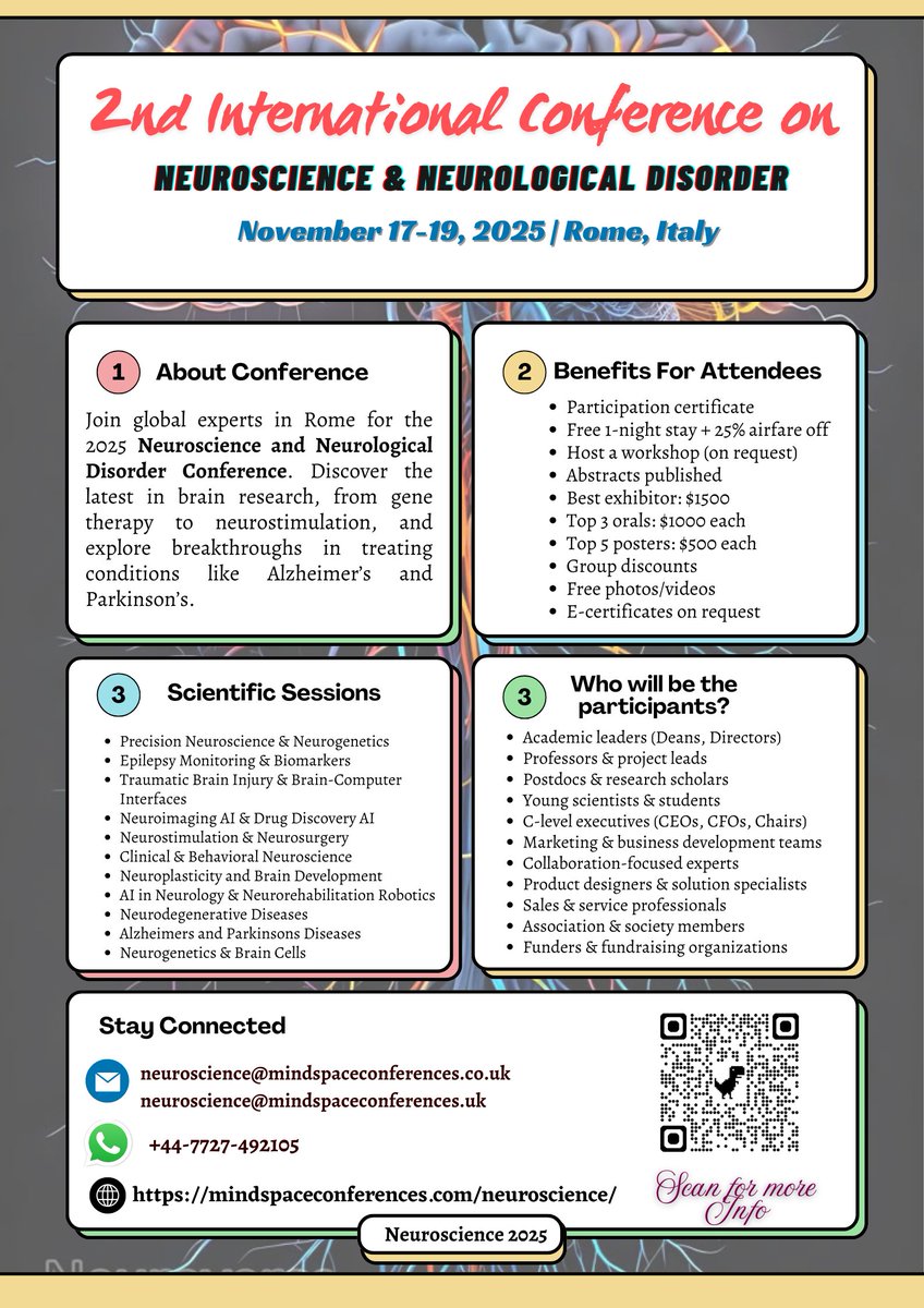 neurosciencecon's tweet photo. 🧠 Ready to shape the future of brain health?
Join us in Rome for the 2nd Int’l Neuroscience &amp; Neurological Disorder Conference!
📍 Nov 17–19, 2025
🎯 Theme: Precision Neuroscience &amp; AI
🚀 Submit your abstract now: https://t.co/o8OHgUiRHn
#NeuroAI2025 #BrainHealth #RomeConference https://t.co/NBnvWKjiel