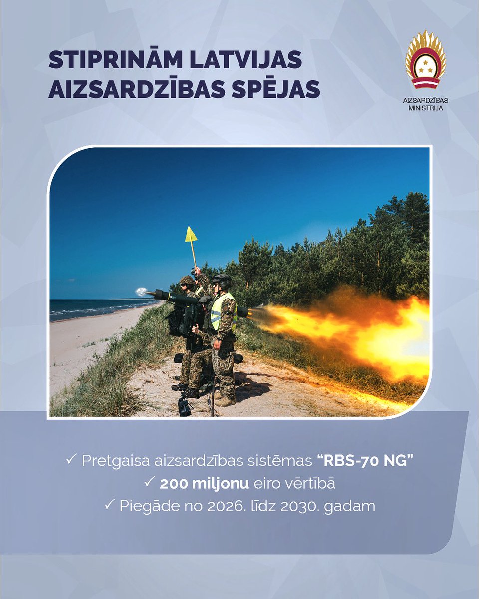 ⚡ Konkrēti par to, kā bruņojamies un par plānotajām piegādēm tuvākajā nākotnē.

🇱🇻 <a href="/Latvijas_armija/">NBS</a> tuvākajos gados papildinās savu krājumu ar sevi jau apliecinājušajām “RBS-70 NG” pretgaisa aizsardzības sistēmām.

🎯 Precīza tuvās darbības aizsardzība pret gaisa draudiem, arī