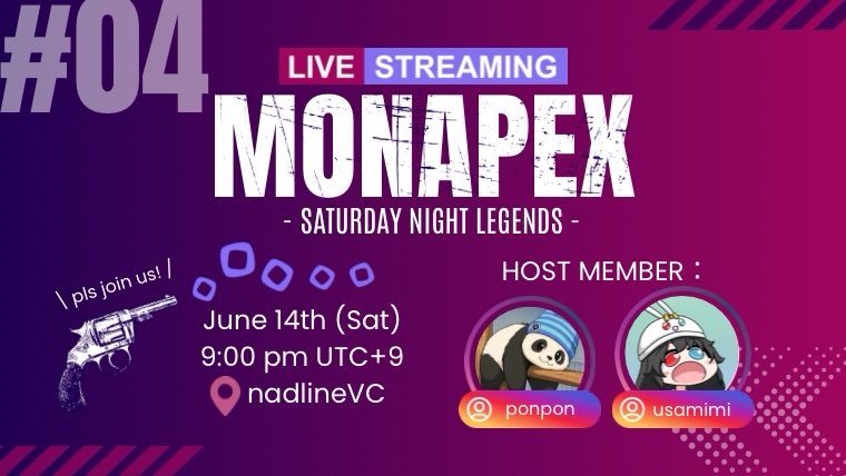 First Announcement,
Apex Legends LiveStreaming Event in Monad🔥

🗓️June 14th (Sat) 9:00 pm UTC+9
👾nadlineVC in <a href="/monad_xyz/">Monad ⨀</a> Discord
🎙️host <a href="/0xponpon/">ponpon</a> <a href="/nadxmimi/">usamimi🌸</a> and more

Whether you’re interested or not, feel free to drop by! Participation is open to everyone, even if you’re