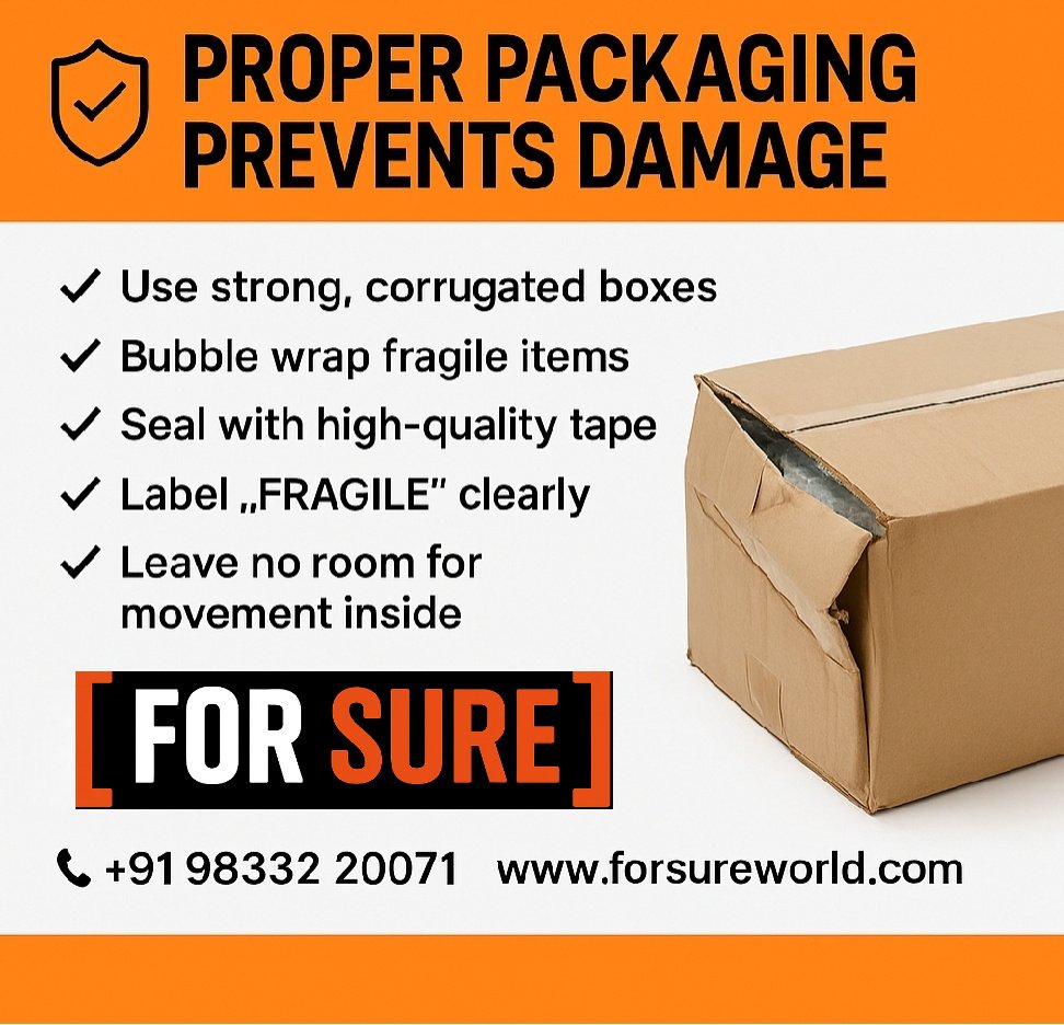 ForSureServices's tweet image. Proper packaging = Damage-free delivery! 📦🛡️
Bubble wrap, strong boxes, no empty space, &amp;amp; a “FRAGILE” label go a long way.

Trust @ForSureCourier to deliver your parcels safely every time! 💪
🌐 forsureworld.com | 📞 9833220071
#LogisticsIndia #ShippingTips #CourierCare