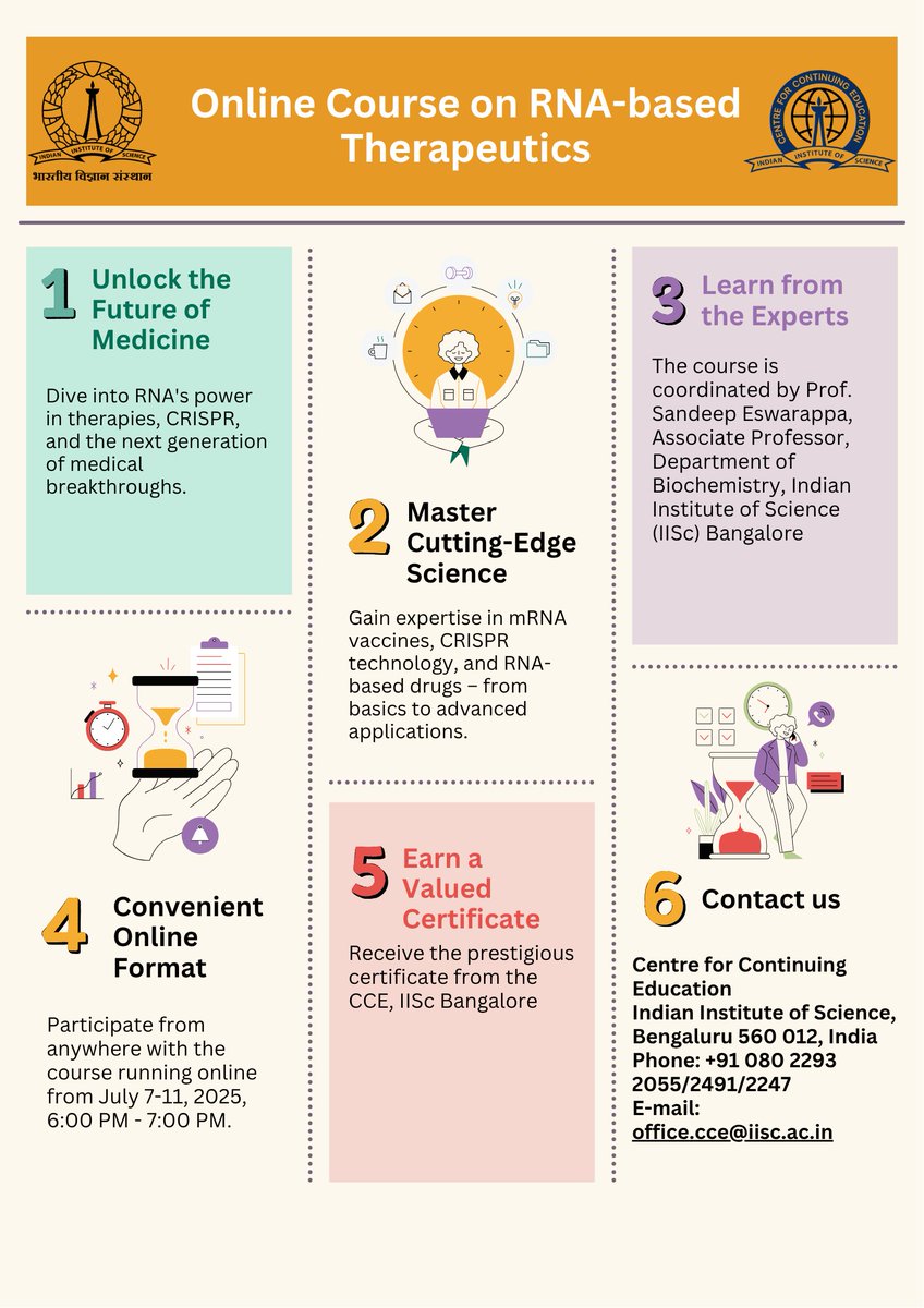 cce_iisc's tweet image. Unlock the Future of Precision Medicine!
Enrol in our Online Course on RNA-based Therapeutics—a rapidly advancing domain revolutionising modern healthcare.

Know more: cce.iisc.ac.in/self-support-c…

#BioScience #Biotechnology #GeneticResearch #HealthcareInnovation #RNATherapeutics
