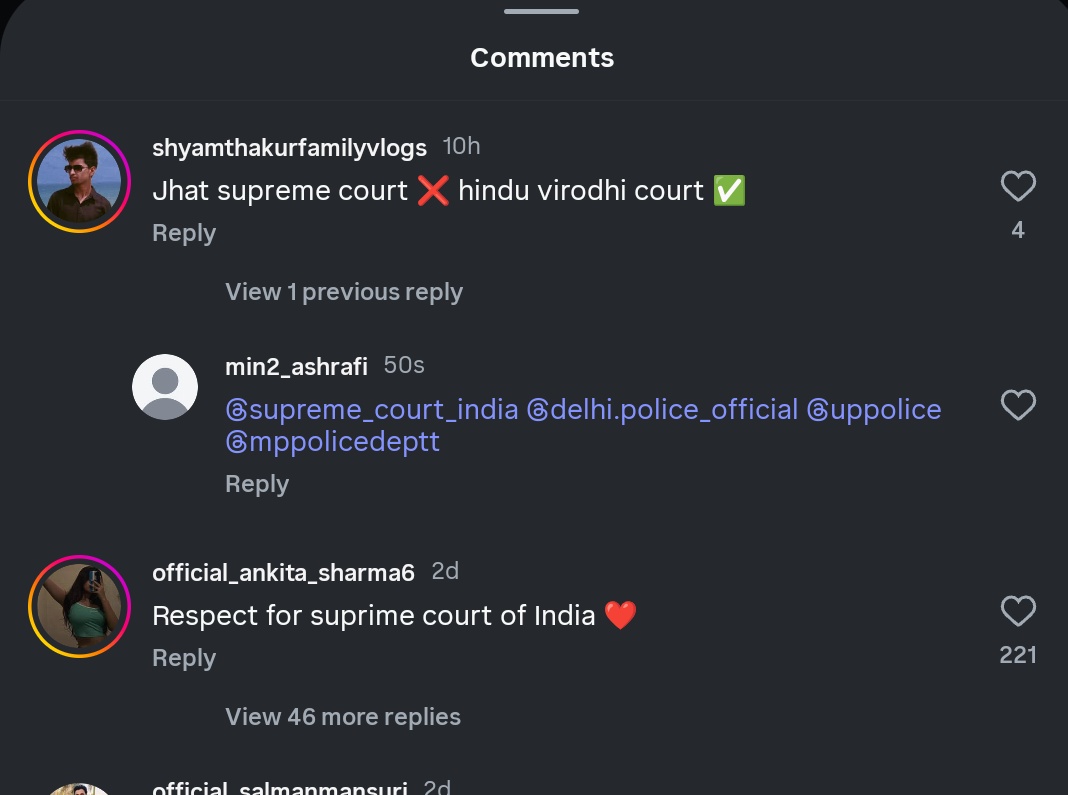 mintuashraf's tweet photo. @Uppolice @MumbaiPolice @DelhiPolice श्याम ठाकुर नाम के इस व्यक्ति ने @news24tvchannel  के इंस्टाग्राम पेज पे सुप्रीम कोर्ट के बारे में आपत्तिजनक कॉमेंट किया कृपया ऐसे लोगों पे सख्त से सख्त करवाई करे
#supremcourtindia https://t.co/khNjp9VaSO