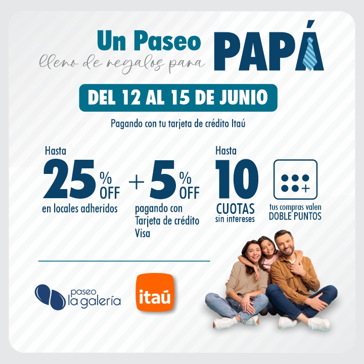 ✨ ¡Hasta 25% de descuento!🎁
Del 12 al 15 de junioen locales adheridos pagando con tu Tarjeta de Crédito Visa Itaú 💳
Y además:
📍 +5% de descuento adicional pagando con Tarjeta de Crédito Visa Itaú en locales adheridos
📍 Hasta 10 cuotas sin intereses
📍 Doble de puntos