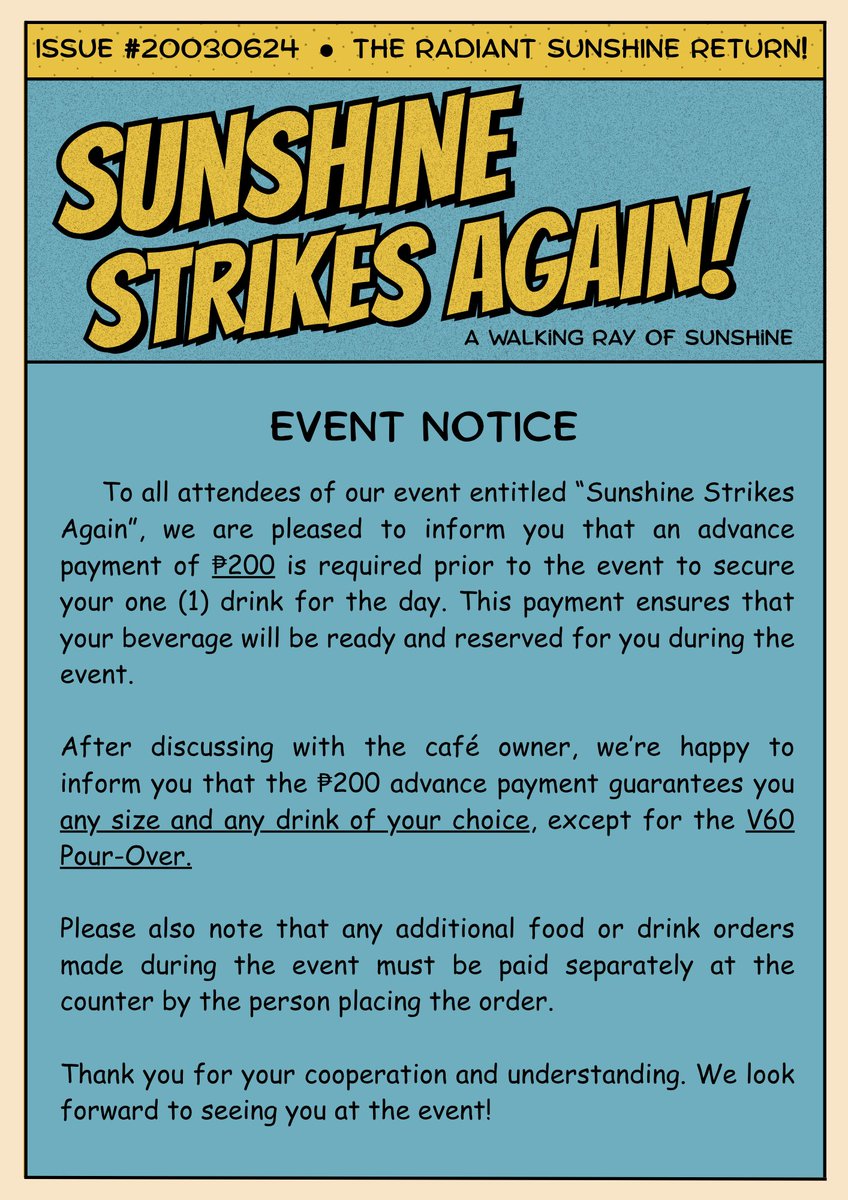thirteen7th's tweet photo. [D-9]

Dear Engenes,

To ensure smooth and efficient service during the event, all drinks will require advance payment. This helps us minimize delays and make your experience more enjoyable.

Payment Form: https://t.co/sXh6nEvt9N

#SUNOOCSE #SSA #BARAGIS https://t.co/E0YA13i1qy
