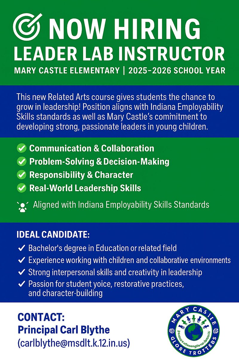 Principal Carl Blythe (@principalblythe) on Twitter photo 🚨 We’re HIRING at <a href="/MaryCastleElem/">Mary Castle Elem</a> ‼️
Do you love inspiring young leaders? Join our team as the Leader Lab Instructor and help students grow in confidence, collaboration, and character! 🌱💡
🔗: applitrack.com/msdlt/onlineap…
#NowHiring #MECisThePlaceToBe #LeadTheWay #GROWmec 💚💙 🚨 We’re HIRING at <a href="/MaryCastleElem/">Mary Castle Elem</a> ‼️
Do you love inspiring young leaders? Join our team as the Leader Lab Instructor and help students grow in confidence, collaboration, and character! 🌱💡
🔗: applitrack.com/msdlt/onlineap…
#NowHiring #MECisThePlaceToBe #LeadTheWay #GROWmec 💚💙
