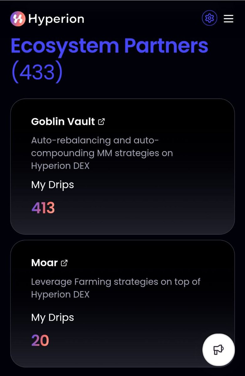 Yakın zamanda aldıkları Stratejik Round yatırımlarını duyuran <a href="/hyperion_xyz/">Hyperion</a> 'de Drips kasmaya devam ediyorum. 

Yatırımcılar arasında <a href="/OKX_Ventures/">OKX Ventures</a> , <a href="/AptosLabs/">Aptos Labs</a> , <a href="/mirana/">Mirana Ventures</a> , <a href="/MaelstromFund/">Maelstrom</a> bulunuyor. Token muhtemelen sene sonuna doğru gelir ve Aptos Defi ecoda ses getirmeleri