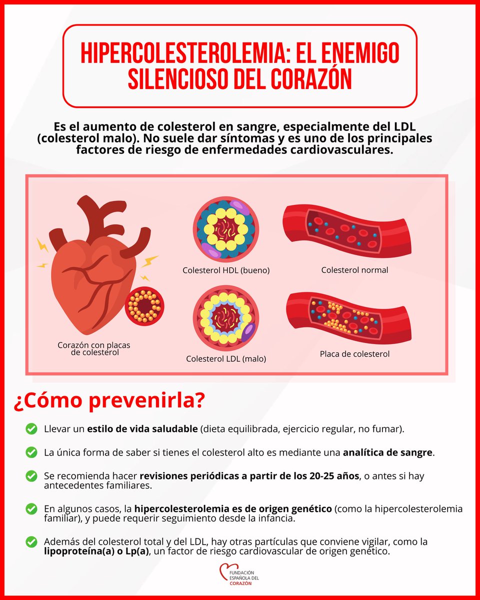 ¿Sabías que el colesterol elevado no da síntomas visibles? 
🚨La hipercolesterolemia es uno de los mayores factores de riesgo para enfermedades cardiovasculares.

✅ Mantén tus niveles adecuados con:
🥗Una dieta equilibrada.
🏃‍♀️Ejercicio regular.
🚭Evitando el tabaco.