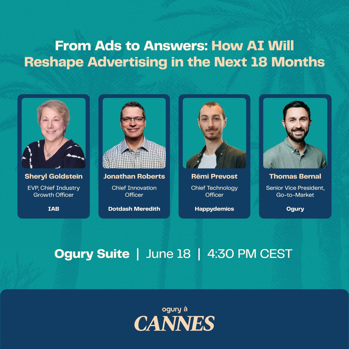 We’re lighting up the Croisette with sharp, future-facing conversations.

Luxury, #AI, #ResponsibleAdvertising — essential topics explored by industry experts shaping the advertising landscape.

Swipe to see who’s speaking &amp; when.

Register: events.ogury.com/ogurycannes2025

#OguryACannes