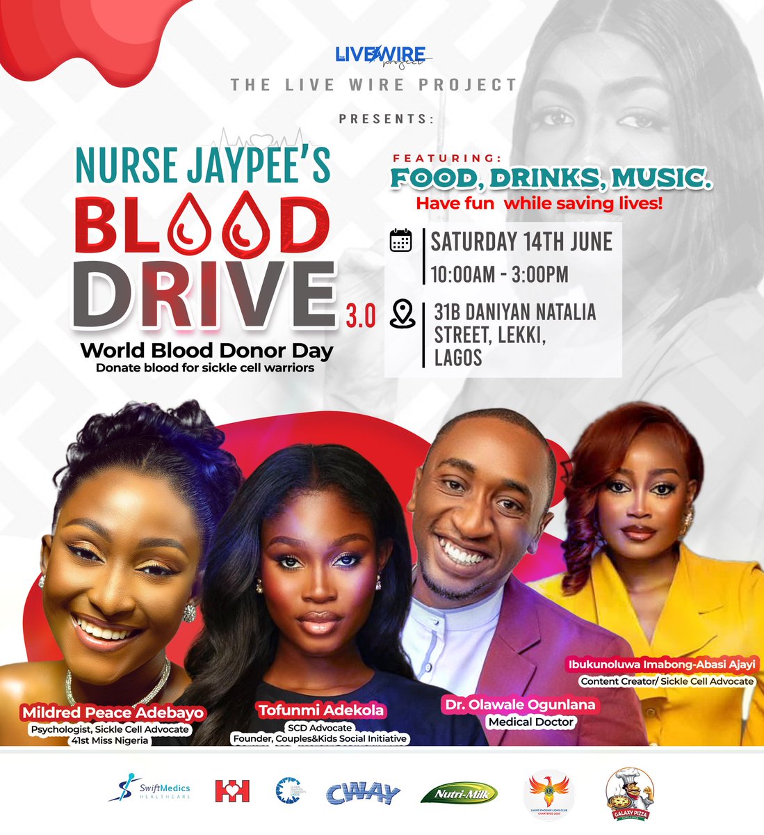 Dr. Munirat Antoinette Lecky (@antolecky) on Twitter photo We’re back again for the third year in a row. My NGO, The Live Wire Project and Nurse <a href="/thejaypee_/">Nurse Jaypee</a> are holding our annual blood drive for sickle cell warriors
Food, Drinks, Music, Fun times while saving lives ❤️
31B Daniyan Natalia, Lekki Phase 1
Saturday, June 14
10am to 3pm We’re back again for the third year in a row. My NGO, The Live Wire Project and Nurse <a href="/thejaypee_/">Nurse Jaypee</a> are holding our annual blood drive for sickle cell warriors
Food, Drinks, Music, Fun times while saving lives ❤️
31B Daniyan Natalia, Lekki Phase 1
Saturday, June 14
10am to 3pm