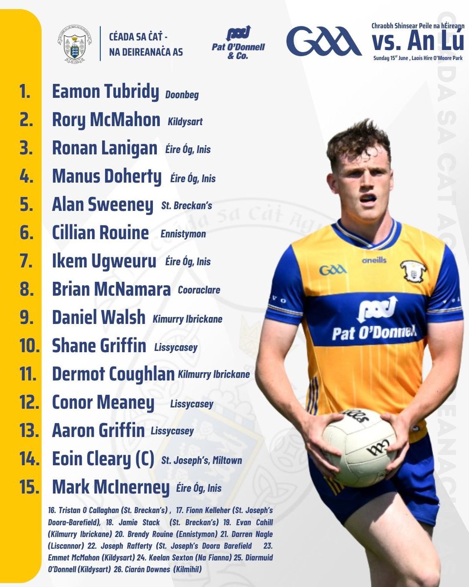 The Clare side named to face Louth in the deciding Final Round of Group 3 of the All Ireland SFC . 

Throw in at Portlaoise’s Laois Hire O’Moore Park is at 2pm and tickets are on sale at am.ticketmaster.com/gaa/quickbuy?e…

Best of luck boys ! Hon’ the Banner! 
🟡🔵💪

#WeAreTheBanner