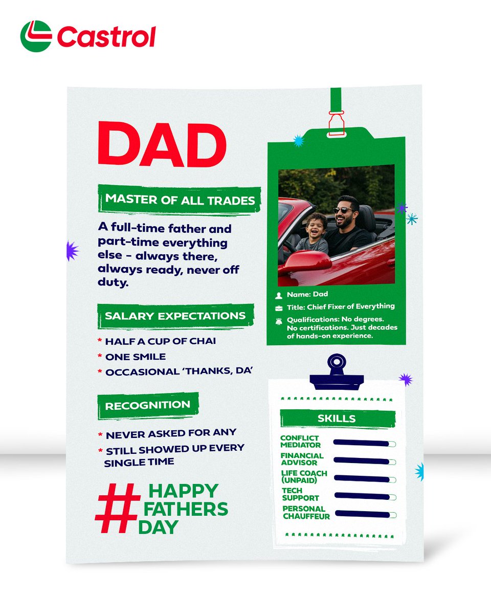 He may not always speak a lot, but he is there - every time, in every way that counts. His love resides in the quiet strength, the small sacrifices, and the unwavering support he offers.

Happy Father’s Day to all the incredible dads.

#Castrol #HappyFathersDay #RealHeroes
