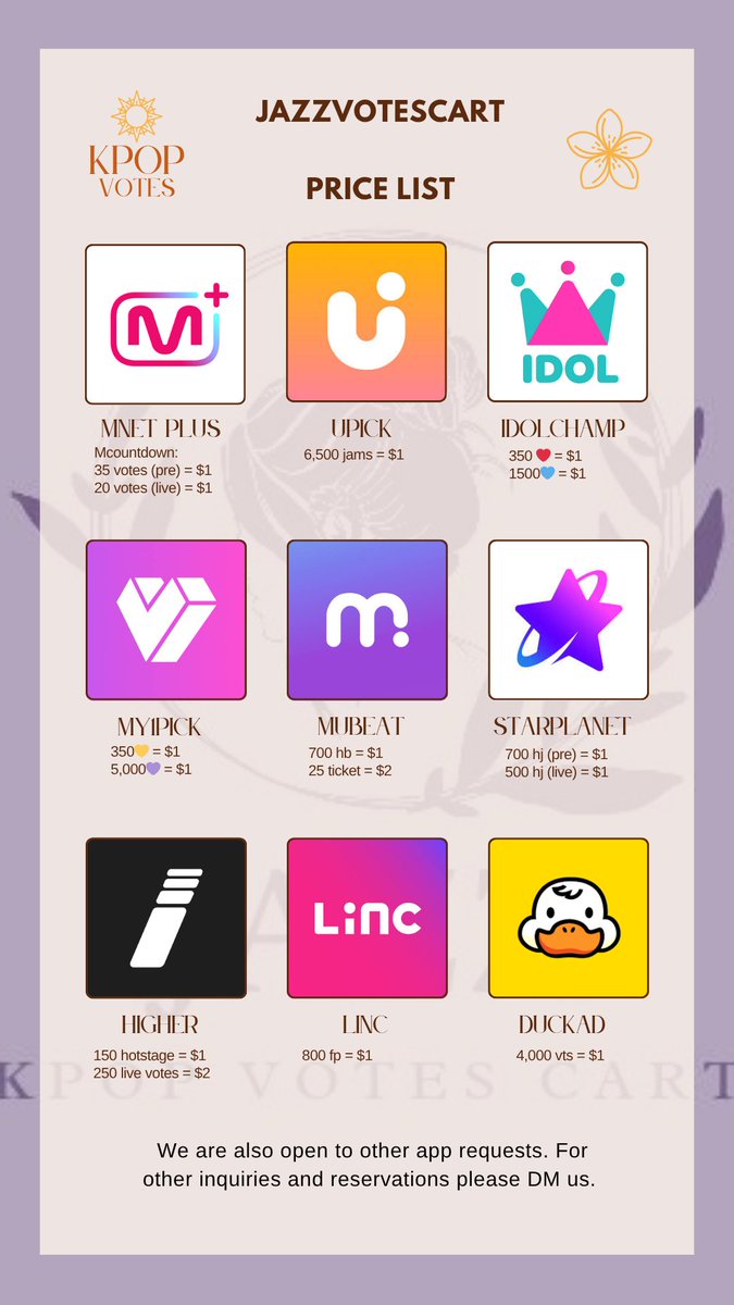 Selling kpop votes:

UPICK
IDOLCHAMP
MUBEAT
MCOUNTDOWN 
STARPLANET
HIGHER (Inkigayo)
LiNC
MY1PICK
DUCKAD
and more.... 

📌We are open for reservations! 
DM us to buy / inquire.
MOP'S : GCASH / PAYPAL / BANK