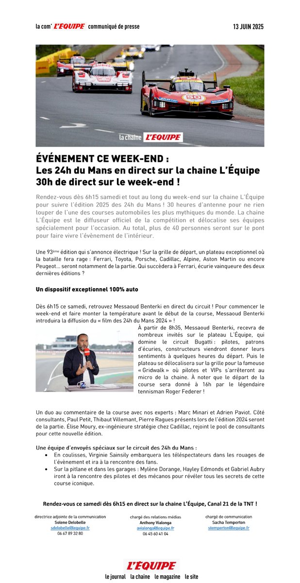 L'ÉQUIPE Pro (@lequipe_pro) on Twitter photo 🚨ÉVÉNEMENT
Découvrez le dispositif XXL de <a href="/lachainelequipe/">la chaine L'Équipe</a> pour la diffusion des <a href="/24hoursoflemans/">24 Hours of Le Mans</a> 💨
3⃣0⃣ heures de direct tout au long du week-end !
📺RDV dès demain 6h15 sur <a href="/lachainelequipe/">la chaine L'Équipe</a>, canal 21 de la TNT.
⬇️⬇️⬇️ 🚨ÉVÉNEMENT
Découvrez le dispositif XXL de <a href="/lachainelequipe/">la chaine L'Équipe</a> pour la diffusion des <a href="/24hoursoflemans/">24 Hours of Le Mans</a> 💨
3⃣0⃣ heures de direct tout au long du week-end !
📺RDV dès demain 6h15 sur <a href="/lachainelequipe/">la chaine L'Équipe</a>, canal 21 de la TNT.
⬇️⬇️⬇️
