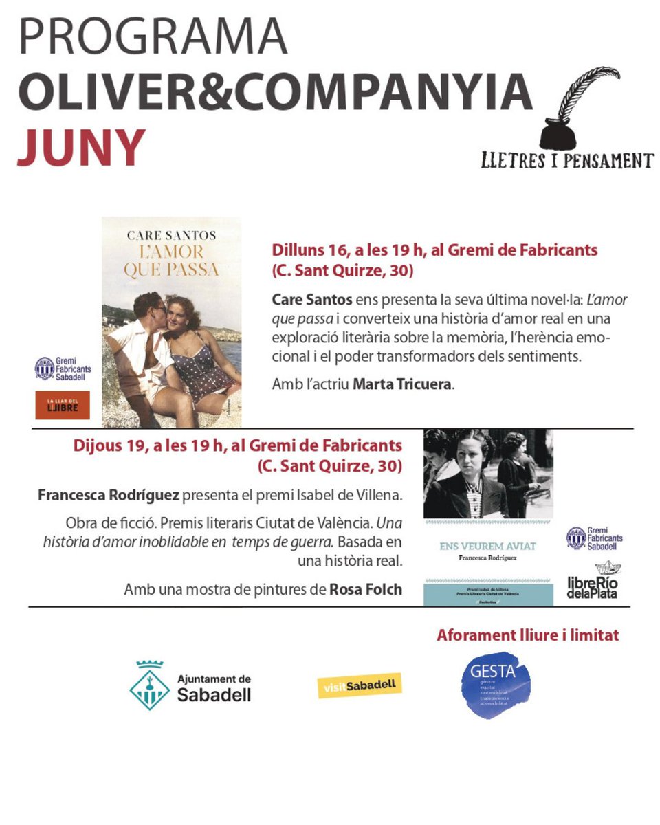 📚Literatura i art, a la seu de #GremiFabricants

🗓️16 i 19 de juny ⏰19h 📍c. Sant Quirze, 30
Us hi esperem!