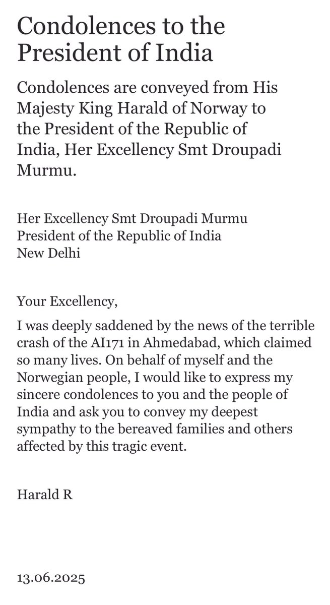 Ambassador May-Elin Stener (@norwayambindia) on Twitter photo His Majesty King Harald of Norway sends condolences to the Hon’ble President of India, Her Excellency Smt Droupadi Murmu.
<a href="/rashtrapatibhvn/">President of India</a> <a href="/MEAIndia/">Randhir Jaiswal</a> His Majesty King Harald of Norway sends condolences to the Hon’ble President of India, Her Excellency Smt Droupadi Murmu.
<a href="/rashtrapatibhvn/">President of India</a> <a href="/MEAIndia/">Randhir Jaiswal</a>
