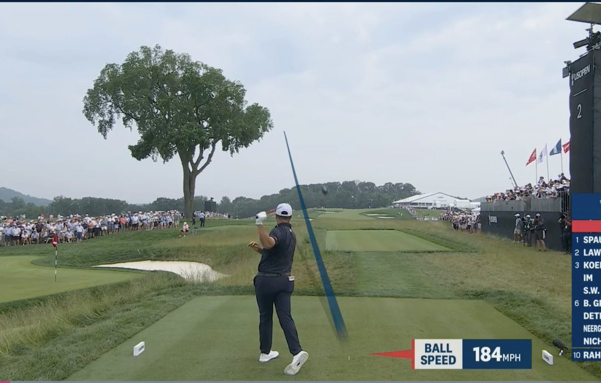 JoelMBeall's tweet image. This is why the pro game needs a ball/driver rollback—Rahm sets up for fade on 3, clearly has mishit, yet drive still clears Church Pews and ends up 350 yards.