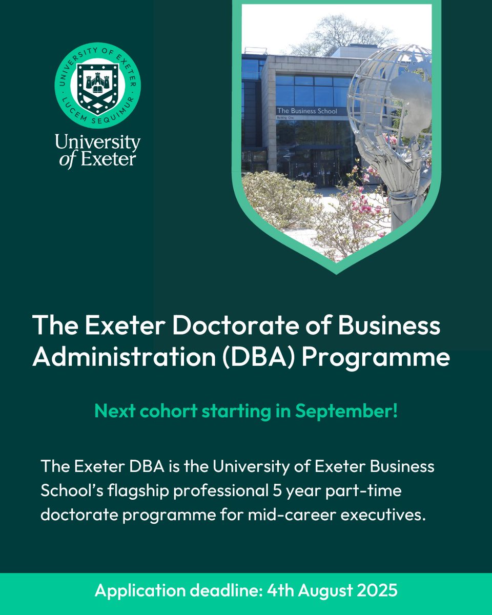 The Exeter MBA (@theexetermba) on Twitter photo The next DBA cohort will be starting in September! 👏
Want to learn more? 💡
🔗 Check out our DBA website: lnkd.in/dnkkUFZp
🎥 See our informative video: lnkd.in/dnkkUFZp
👩🏫 Contact the DBA Programme Director Michelle Civile: m.civile@exeter.ac.uk The next DBA cohort will be starting in September! 👏
Want to learn more? 💡
🔗 Check out our DBA website: lnkd.in/dnkkUFZp
🎥 See our informative video: lnkd.in/dnkkUFZp
👩🏫 Contact the DBA Programme Director Michelle Civile: m.civile@exeter.ac.uk